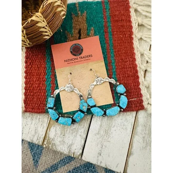 Handcrafted Turquoise & Sterling Silver Dangle Hoop Earrings